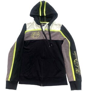 Harley Davidson Woman's Full Zip Hooded Sweater Size XS Black Neon Green White